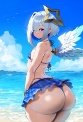 ai_generated amane_kanata ameanon angel angel_wings ass beach big_ass bikini bikini_skirt flat_chest frilled_bikini hololive hololive_japan huge_ass large_ass thick_thighs virtual_youtuber vtuber