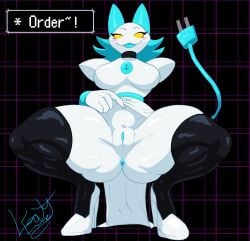 absurd_res android anthro anus big_breasts blush blush_stickers breasts clothing darkner deltarune emmet_twunks felid feline female floating_hands footwear genitals hi_res high_heels legwear machine mammal pussy robot shoes socks solo spread_legs spreading tail tasque_manager thick_thighs thigh_highs thigh_socks undertale_(series) yellow_eyes