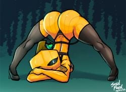 ass big_head black_legwear black_panties black_sclera blue_eyes demon demon_girl jack-o_pose jackochallenge lingerie looking_at_viewer orange_skin plant plant_girl plant_humanoid pumpkin pumpkin_butt pumpkin_head soulpl4nt textless thick_thighs