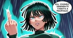 1girls ai_generated angry aura dominant_female dress esper female fubuki_(one-punch_man) green_dress green_eyes middle_finger one-punch_man woman