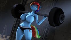 3d 3d_(artwork) anthro ass athletic athletic_anthro athletic_female blue_body blue_skin breasts equid equine female friendship_is_magic hasbro jkosmat my_little_pony nipples pegasus rainbow_dash_(mlp) rainbow_hair source_filmmaker topless topless_female wings working_out