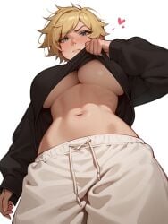 11_22 1girls abs ai_generated annoyed baggy_clothing black_hoodie blonde_hair blue_eyes blush embarrassed female from_below groin heart hips hoodie large_breasts looking_at_viewer loose_clothes messy_hair midriff navel oc original original_character pale_skin shirt_lift short_hair sweat sweatdrop sweatpants sweatshirt tomboy toned toned_female underboob