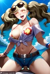 1boy 1girls ai_generated ann_takamaki beach big_breasts bikini blonde_hair corruption earrings evil_smile female glowing_eyes hotpants knotted_shirt male navel omega-weirdo open_mouth patreon persona persona_5 sex shadow_self_(persona) straddling sunglasses_on_head twintails yellow_eyes