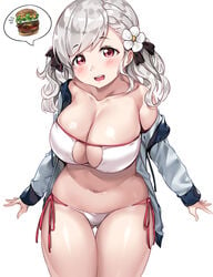 1girls ass_visible_through_thighs bangs bikini black_ribbon blush breasts cleavage collarbone cowboy_shot curvy eyebrows_visible_through_hair female female_only food front_view girls'_frontline hair_ribbon hamburger highres human jacket large_breasts long_hair looking_at_viewer navel off_shoulder open_mouth red_eyes ribbon shiny_skin side-tie_bikini silver_hair simple_background slightly_chubby solo spas-12_(girls'_frontline) spoken_food swept_bangs swimsuit tem10 thigh_gap twintails white_background white_bikini white_jacket