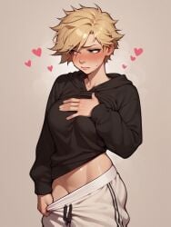 11_22 1girls ai_generated baggy_clothing black_hoodie blonde_hair blue_eyes blush covering_breasts embarrassed female groin hand_on_own_chest heart heart hips hoodie large_breasts looking_away loose_clothes messy_hair oc original original_character pale_skin pants_pull short_hair sweat sweatdrop sweatpants sweatshirt tomboy