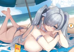 absurdres ass beach beach_mat beach_umbrella bikini blue_eyes blue_sky breasts butt_crack cinderella_(nikke) commentary_request crown female goddess_of_victory:_nikke highres huge_breasts korean_commentary long_hair looking_at_viewer lotion lying mini_crown ocean on_stomach outdoors sky small_chair_(xiaosaiyi33818) smile solo sunscreen swimsuit twintails umbrella very_long_hair white_bikini white_hair