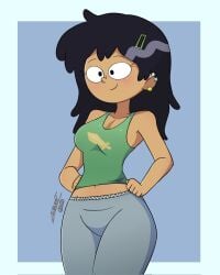 aged_up amphibia autart big_breasts blush breasts brown_hair cleavage clothed dark-skinned_female dark_skin disney female human marcy_wu