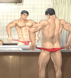 2boys abs ass bara bathroom male male_only mirror multiple_boys muscle muscular ponkotsu topless underwear