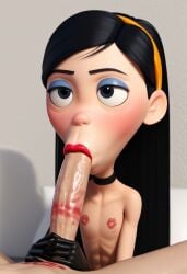 ai_generated blowjob blue_eyes fellatio lipstick_mark lipstick_on_penis red_lipstick the_incredibles violet_parr