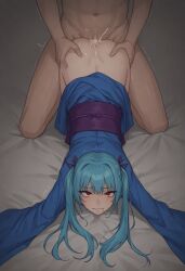 ai_generated blue_hair blue_kimono doggy_style from_behind front_facing japanese_clothes masa_works_design mjdennsfw oni_to_kitsune_no_hanashi purple_ribbons purple_sash red_eyes the_doll_(onibi_series) top-down_bottom-up trembling twintails vaginal_penetration