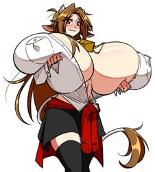 1girls blush breasts breasts_apart breasts_bigger_than_head button_down_shirt clothed collar cow_ears cow_girl cow_horns cow_tail cowbell female female_only female_solo hyper hyper_breasts lifting_breasts massive_ass matsu-sensei mattie_(matsu-sensei) nipple_bulge open_shirt solo solo_female straining_buttons thigh_highs tight_clothing top_heavy