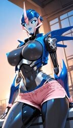 1girls 1robot_girl ai_generated arcee arcee_(prime) autobot big_breasts blue_eyes blue_nipples looking_at_viewer nipples no_bra robot_humanoid roger1011 transformers transformers_prime