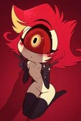 ai ai_generated breasts cute cyclops female hazbin_hotel male niffty peace_sign penis penis_shadow petite petite_body petite_female red red_eyes red_hair single_girl small_breasts smaller_female surprised surprised_expression thighhighs