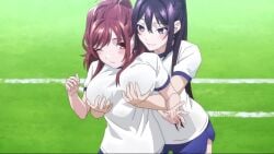 2girls animated big_breasts blue_shorts blush bouncing_breasts breast_grab breasts brown_hair closed_eyes closed_mouth embarrassed english_dialogue english_voice_acting fondling fondling_breast grabbing_from_behind grass groping gym_shirt gym_shorts gym_uniform hand_on_hip isekai_de_cheat_skill_wo_te_ni_shita_ore_wa_genjitsu_sekai_wo_mo_musou_suru jumping kanzaki_rin kazama_kaede large_breasts legs long_hair moaning multicolored_hair multiple_boys navel one_eye_closed open_mouth orange_hair orgasm people_watching public_indecency school shirt shorts sidelocks smile sound sports_uniform sportswear tagme talking talking_to_another thighs trees video watching white_shirt yuri