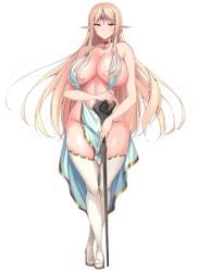 blonde_hair breasts dress elf elf_chief_(ninoko) elf_ni_inmon_o_tsukeru_hon forehead_jewel glowing_tattoo gold_choker highres huge_breasts long_hair mage_staff mature_female ninoko no_bra no_panties original png pointy_ears pubic_tattoo revealing_clothes tattoo thick_thighs thighhighs thighs transparent_background transparent_png white_dress white_thighhighs