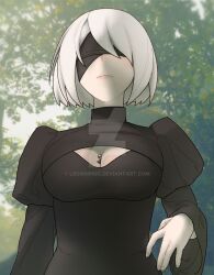 1boy 1girls between_breasts blindfold breasts clothed clothing female giantess legionpigs light-skinned_female light-skinned_male light_skin male micro nier nier:_automata short_hair shrunk shrunken_male size_difference white_hair yorha_2b yorha_9s