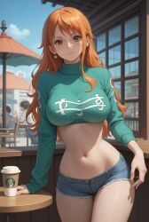 ai_generated breasts brown_eyes earrings female hair long_hair male midriff nami nami_(one_piece) navel one_piece orange_eyes orange_hair pants robinlover solo solo_female tagme