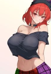 1girls 2d bare_shoulders belly belly_button big_breasts blush breasts cleavage female goddess headwear hecatia_lapislazuli hips looking_at_viewer moriforest1040 planet red_eyes red_hair shiny_hair shirt skirt smile solo source standing touhou wide_hips