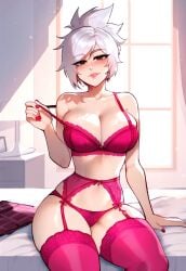 1girls adjusting_clothes ai_generated anemoi bed bedroom blush braided_ponytail breasts breasts breasts commission curvy curvy_female curvy_figure female female female_focus female_only league_of_legends lingerie nail_polish on_bed pink_bra pink_panties pink_underwear riot_games riven solo solo_focus stockings sweat sweatdrop sweaty teasing teasing_viewer thighhighs underwear white_hair