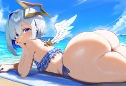 ai_generated amane_kanata ameanon angel angel_wings ass beach beach_towel big_ass bikini flat_chest frilled_bikini hololive hololive_japan huge_ass large_ass on_stomach thick_thighs virtual_youtuber vtuber