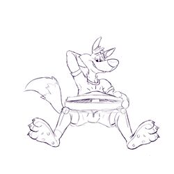 anthro barefoot bulge canine chip_the_wolf cookie_crisp delirost erection food front_view hi_res male male_only mammal mascot monochrome open_pants penis pinup pizza poking_out pose rubbing_head short simple_background sitting sketch solo spread_legs spreading white_background wolf