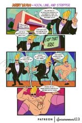 asshole blonde_hair blush blushing_at_viewer clothes_removed clothes_ripped dialogue djunderground123 embarrassed enm fish_hook gay johnny_bravo johnny_bravo_(series) naked patreon patreon_reward stripped stripped_naked suit televised_humiliation television wardrobe_malfunction