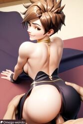 1girl1boy ai_generated bed bedroom big_breasts brown_eyes brown_hair doggy_style doggy_style doggy_style_position dress female looking_at_viewer modakawa_dress necklace omega-weirdo overwatch overwatch_2 patreon sex short_hair smile spiky_hair tracer