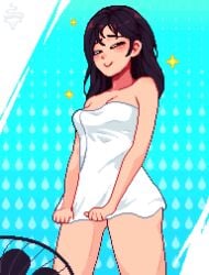 1girls animated artist_self-insert bath_towel drying drying_pussy drying_themselves fan hair_down just_showered pixel_animation pixel_art pleasure_face stars towel_only yumy_(yumyverse) yumykon yumyverse