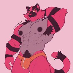 abs anthro armpit_hair body_hair bulge digital_drawing_(artwork) digital_media_(artwork) fangs flat_colors flexing flexing_bicep generation_7_pokemon hairy_armpits hi_res incineroar itzmikey looking_at_viewer male muscular muscular_anthro muscular_male navel nintendo nipples pecs pits pokemon pokemon_(species) pubes simple_background solo solo_anthro solo_male standing tail teeth