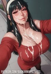 1girls ai_generated badkarmastudio black_hair blush bukkake cleavage cum cum_on_breasts cum_on_face dripping_cum earrings female female_only hair_ornament hairband huge_breasts large_breasts long_hair looking_at_viewer nipple_bulge patreon_username red_eyes self_upload selfie smile smiling smiling_at_viewer solo spy_x_family sweater tights yor_briar yor_forger