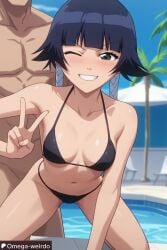 1girl1boy ai_generated bikini black_eyes black_hair bleach breasts doggy_style doggy_style_position female hair_ornament muscular_male omega-weirdo patreon peace_sign pool poolside short_hair smile soifon wink