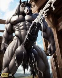 ai_generated anthro cum cumshot equid equid_humanoid equine equine_genitalia equine_penis excessive_cum flared_penis horse horse_penis horsecock huge_balls huge_cock male_only massive_balls massive_penis monster monster_cock muscular muscular_anthro muscular_male