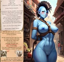 ai_generated angry anime auction average_breasts blue_skin bondage bounty_hunters dark_hair edited fantasy female female_only fictional market mohawk monster_girl naked nude photoshop red_eyes roleplay ropes slave slave_auction slavegirl slavery troll waifu