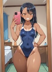 1girls ai_generated bedroom black_hair blush breasts breasts brown_eyes clothed clothed_female clothing curvy_hips female female_only grin hairclip hand_on_hip hayase_nagatoro holding holding_object indoors mirror one-piece_swimsuit please_don't_bully_me,_nagatoro schoolgirl selfie small_breasts smartphone solo solo_female standing tan-skinned_female tan_body tan_skin tanline teenage_girl teenager thighs