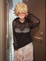 11_22 1girls ai_generated baggy_clothing black_hoodie blonde_hair blue_eyes blush embarrassed female hand_on_own_head heart heart hoodie large_breasts looking_away loose_clothes messy_hair oc open_door original original_character pale_skin see-through see-through_clothing shirt_pull shirt_tug short_hair sleeves_past_wrists sweatpants sweatshirt tomboy wet wet_clothes wet_shirt