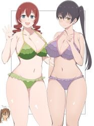 3girls akamine_ten alternate_body_type bikini character_request closed_mouth curvy emma_verde frilled_bikini green_bikini huge_breasts love_live! love_live!_nijigasaki_high_school_idol_club multiple_girls open_mouth plump purple_bikini smile sweatdrop thick_thighs v voluptuous waving wide_hips