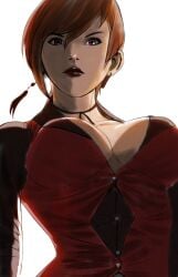 1girls big_breasts big_breasts breasts breasts breasts brown_eyes brown_hair busty buttons cleavage clothed dominant_female dress earrings elegant elegant_dress female from_below huge_breasts king_of_fighters light_skin light_skinned_female lips lipstick looking_at_partner looking_at_viewer looking_down necklace pov red_clothing red_eyes short_hair suit thick tight_clothes vice_(kof) voluptuous voluptuous_female