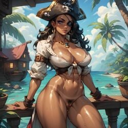 abs ai_generated big_breasts black_hair blue_eyes cleavage dark-skinned_female eogard_orc eye_patch jewelry looking_at_viewer ocean oiled_skin original_character pirate pirate_hat pubic_hair pussy_juice_drip stable_diffusion tanned_female tropical