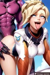 1girl1boy ahe_gao ahe_gao ahegao_face ai_generated big_breasts blonde_hair blue_eyes bodysuit doggy_style doggy_style doggy_style_position female grabbing_from_behind headwear mercy omega-weirdo open_mouth overwatch overwatch_2 patreon sex tongue_out