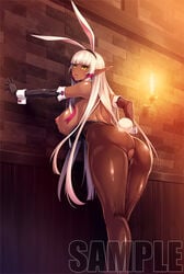 animal_ears aoi_nagisa_(artist) aoi_nagisa_(metalder) big_ass breasts bunny_ears bunny_girl bunny_tail bunnysuit clothing curvy dark_elf dark_skin elf evelyn_celebrian fake_animal_ears female hair_ribbon hime_cut huge_ass huge_breasts large_breasts leotard leotard_aside long_hair looking_at_viewer looking_back nipples pointy_ears pussy_juice shiny shiny_skin smile sweat thong_leotard very_long_hair yellow_eyes youkoso!_sukebe_elf_no_mori_e