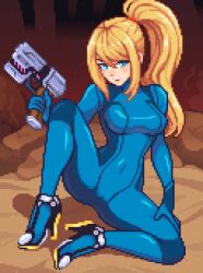 2020s 2024 blonde_hair blue_eyes bodysuit cameltoe gun hands_on_thigh high_heels holding_weapon metroid nintendo pixel_art samus_aran sitting spread_legs super_smash_bros. super_smash_bros._for_nintendo_3ds_and_wii_u tagme yumykon zero_suit_samus