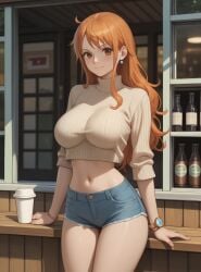 ai_generated breasts brown_eyes earrings female female_only hair long_hair midriff nami nami_(one_piece) navel one_piece orange_eyes orange_hair pants robinlover solo solo_female tagme