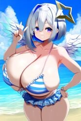 ai_generated amane_kanata ameanon angel angel_wings beach big_breasts bikini bikini_skirt blue_hair breasts cleavage hololive hololive_japan huge_breasts large_ass large_breasts public sideboob striped_bikini two_tone_hair underboob underwear virtual_youtuber vtuber white_hair wide_hips