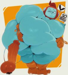 blush boots dildo dragon_ball_super female gloves half-dressed hand_between_ass huge_ass huge_breasts large_ass large_dildo looking_back naked_female orange_background overweight_female ribrianne sweatdrop sweating text_bubble thick_thighs