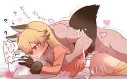 1boy ? animal_ears bangs bar_censor blonde_hair blush censored clothed_female_nude_male cum cum_in_pussy cum_in_uterus eyebrows_visible_through_hair ezo_red_fox_(kemono_friends) female fox_ears fox_tail from_behind gloves groin groping groping_from_behind groping_through_clothes heart kemono_friends long_hair long_sleeves lying motion_lines muscle no_panties nude on_stomach orange_eyes orange_shirt penis pillow pleated_skirt prone_bone sex shirt simple_background skirt sumiyao_(amam) sweat tail thighhighs uterus veins veiny_penis white_background x-ray