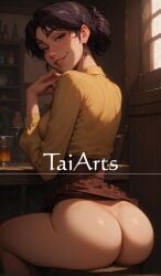 1girls ai_generated ai_hands artist_name ass attack_on_titan black_hair_female carla_jaeger earring female_only from_behind looking_back_at_viewer milf no_panties ponytail sitting_at_table skirt_lift smiling_at_viewer solo_female taiarts yellow_eyes_female