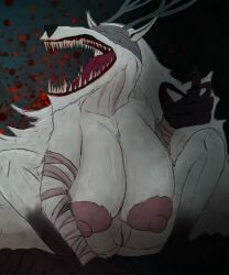 absurd_res anthro antlers areola bandage bandage_on_face big_areola big_breasts big_nipples big_tongue black_body black_fur black_nose blindfold blindfold_only blood bloodborne bodily_fluids breasts canid canine canis claws creepy_face crouching dirt dirty eldritch_abomination eldritch_being fangs feet female fluffy fromsoftware fur genitals grey_body grey_fur hair hi_res horn horror_(theme) huge_areola huge_breasts huge_nipples long_hair m4n mammal monster montgomery_glands mythological_canine mythological_creature mythology nipples pussy scary skinny solo sony_corporation sony_interactive_entertainment teeth tongue vicar_amelia were werecanid werecanine werewolf white_body white_fur white_hair wolf