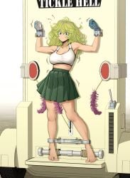 ankle_cuffs barefoot big_breasts bondage bra feathers female foot_fetish green_hair imminent_tickling kidetic kusujinn my_hero_academia nervous_sweat pale_skin rollers skirt source tickle_machine tippy_toes toes tooru_hagakure tooru_hagakure_(visible) torture_device wrist_cuffs