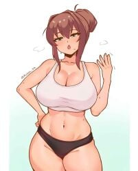 big_breasts big_breasts black_panties crop_top doki_doki_literature_club fanning_self hair_bun hand_on_hip koisa_34 looking_at_viewer midriff monika_(doki_doki_literature_club) sweat