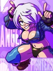 1girls absurd_res angel_(kof) athletic athletic_female big_breasts blue_eyes bonk150 boots breasts busty chest cleavage clothed female fingerless_gloves from_above gloves hair_over_one_eye hand_gesture hi_res huge_breasts jacket king_of_fighters laugh leather leather_clothing leather_jacket legs legwear light-skinned_female light_skin long_sleeves looking_at_viewer name_in_background one_leg_up pointing short_hair smile smiling smiling_at_viewer thick thick_thighs thighs thong tight_clothing toned toned_body toned_female voluptuous voluptuous_female white_hair wide_hips